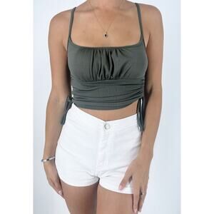 Dark Green Ribbed Ruched Cropped Top Tank Size XS